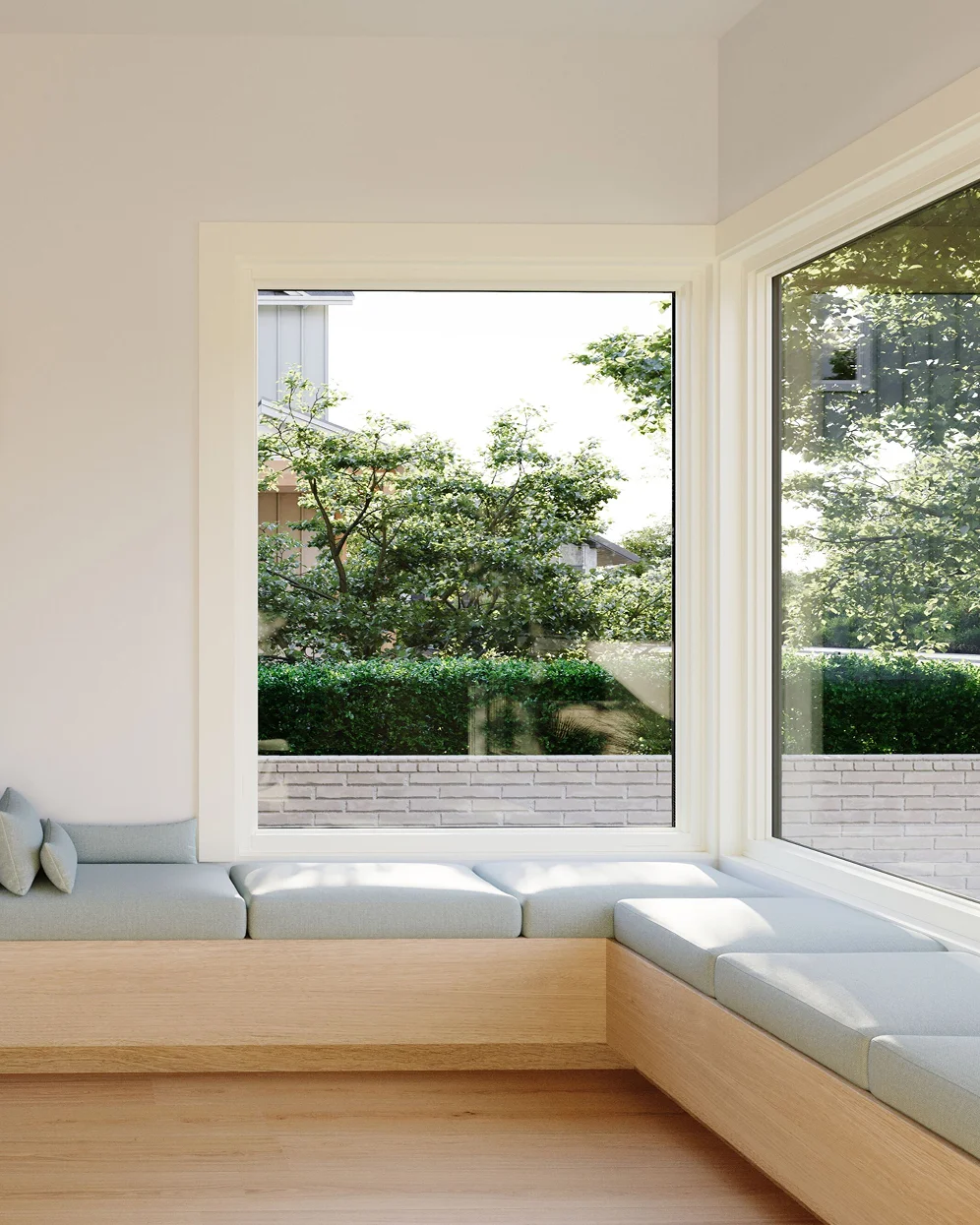Contemporary living room with large Marvin Vivid direct glaze and casement windows